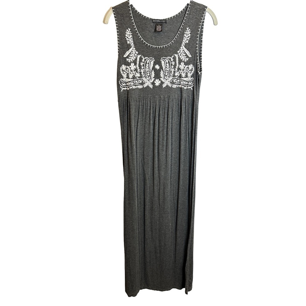 Design History Gray Maxi Dress with White‎ Embroidery Lg Petite